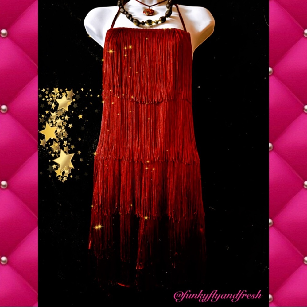 Cheryl’s Creations short all-over fringe flapper halter cut out dress L maroon